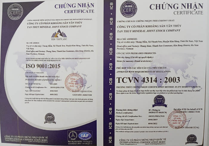 chứng nhận chất lượng vữa khô